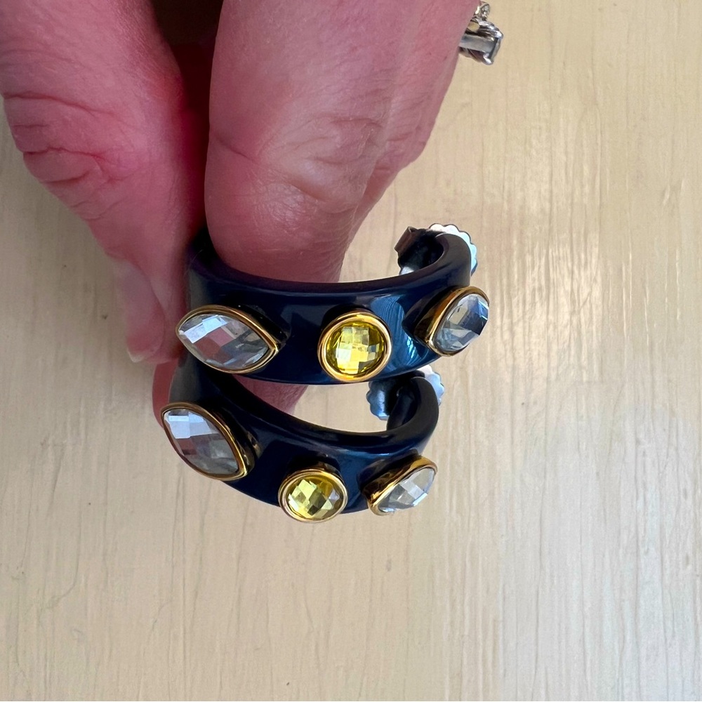 Rhinestone studded navy blue partial hoop earrings